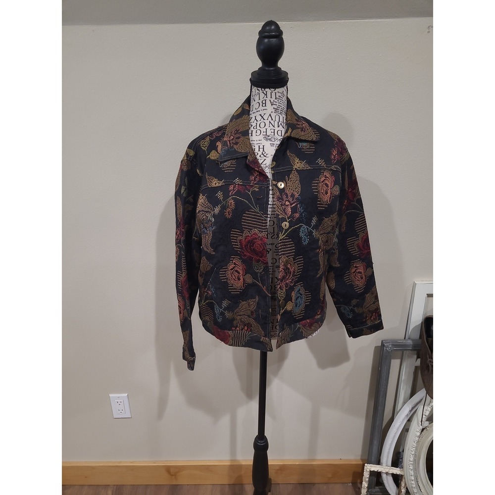 Vtg. Norm Thompson boho black textured floral jean style jacket Women SZ S